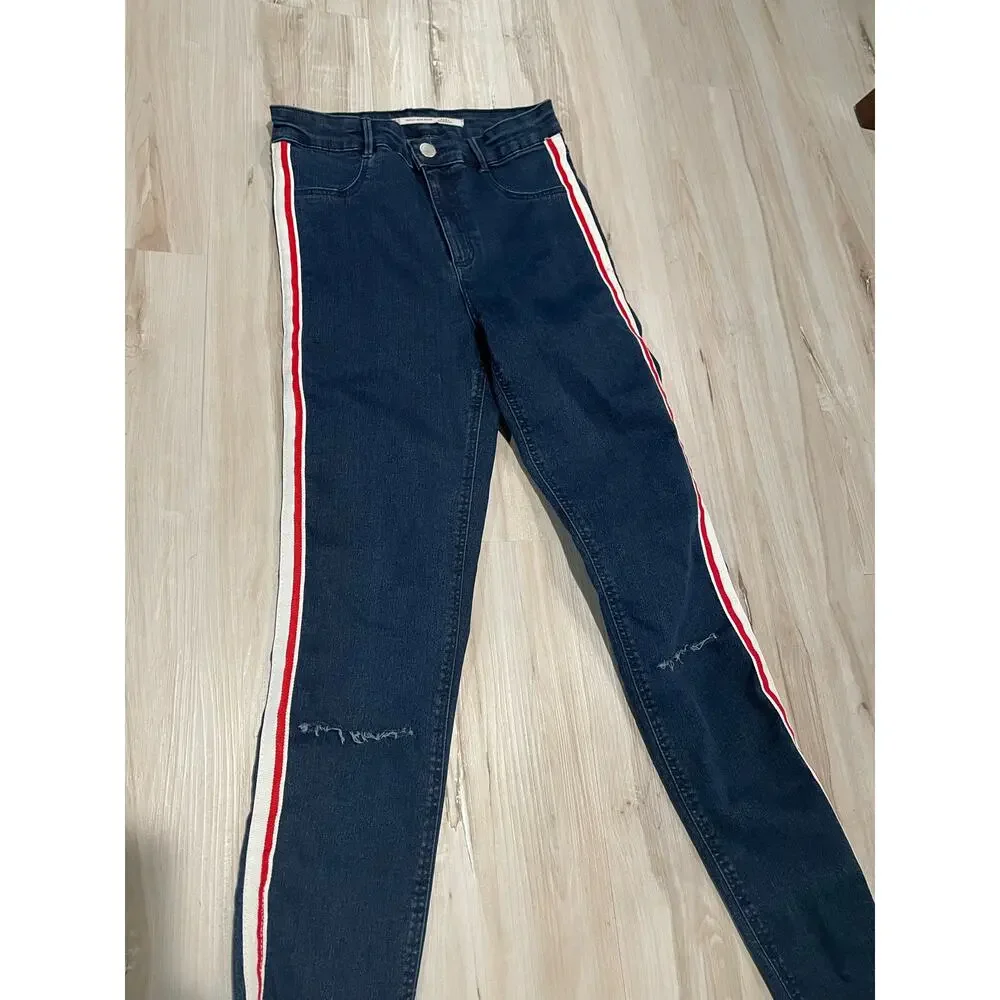 Zara Trafaluc dark skinny jeans red and white striped distressed denim size 4